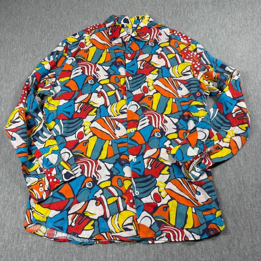 Drumohr Button Up Mens XL Multicolor Fish Print Long Sleeve 100% Linen Shirt Lux